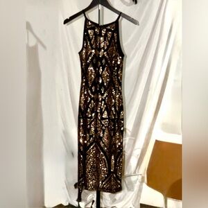 Wendye Chaitin Jump Apparel Y2K Body-conGeometric Black and Gold Dress Sz S